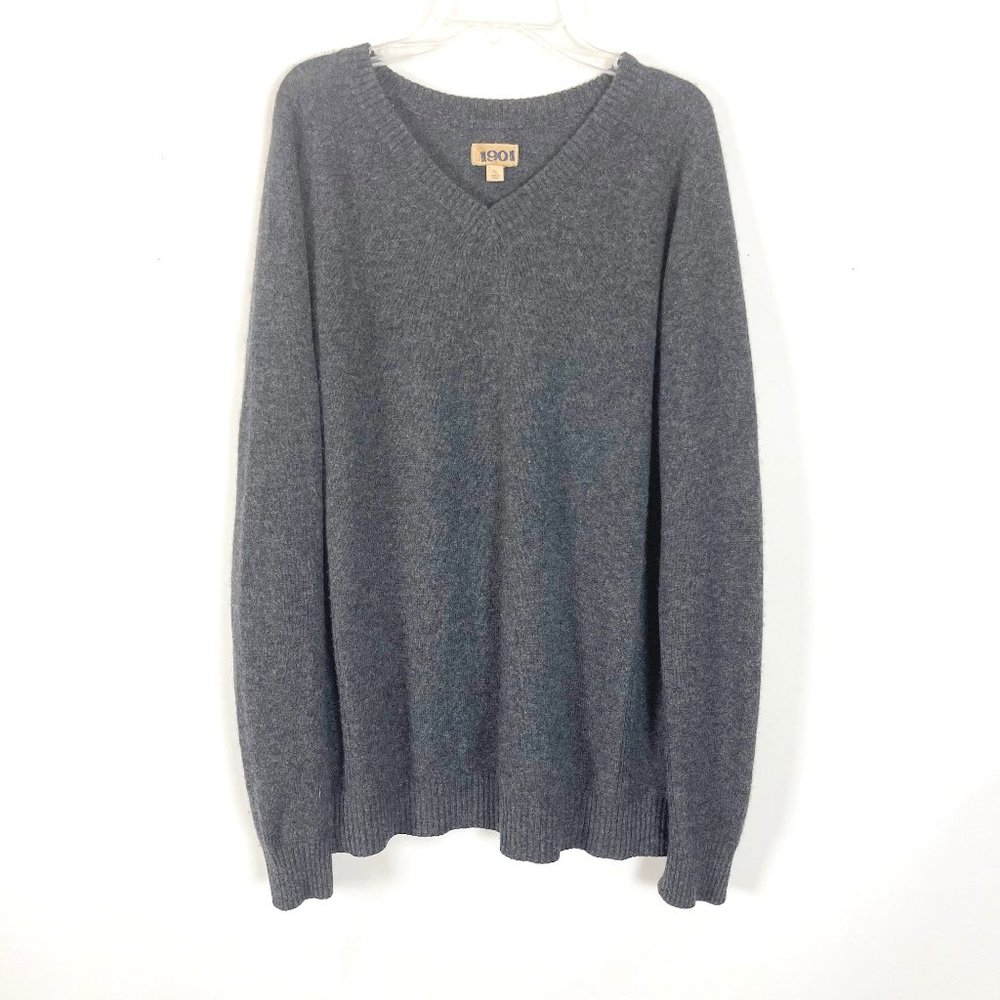 1901 Men's Grey V-neck Long Sleeve 100% Cashmere Pullover Sweater Size Large